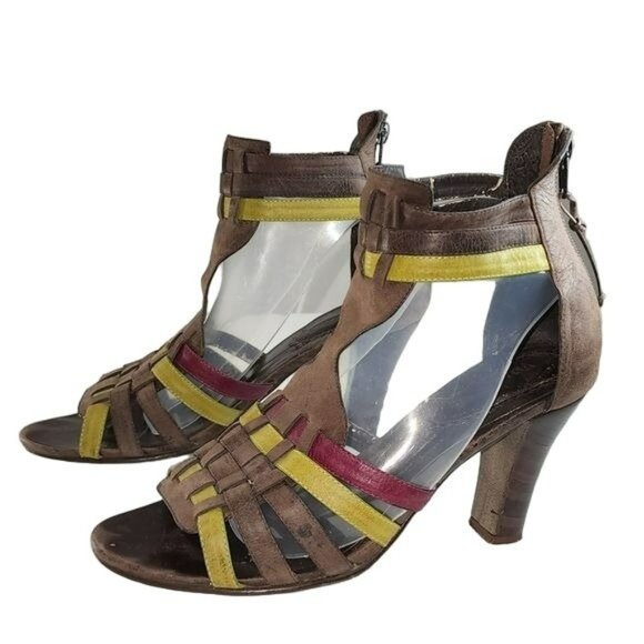 Vintage Style Brown Real Leather Peep Toe Block Heel Strappy Gladiator Sandals - Picture 1 of 16